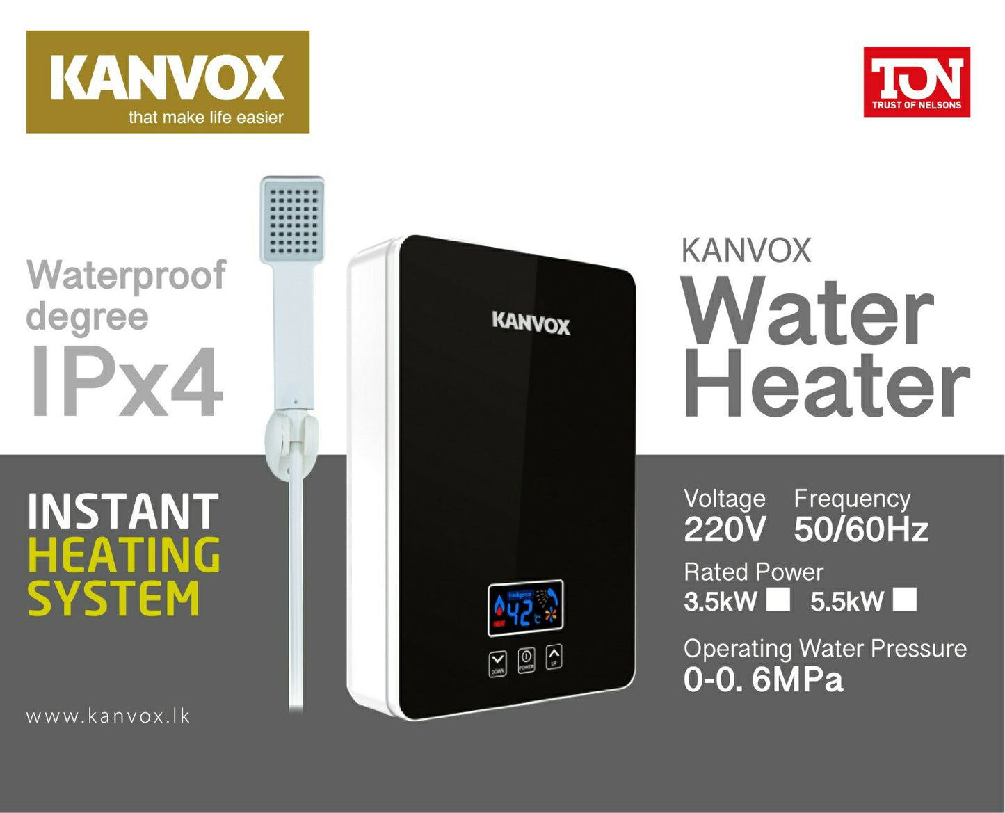 KANVOX HOT WATER SHOWER WITH OUT PUMP KHS-35NH
