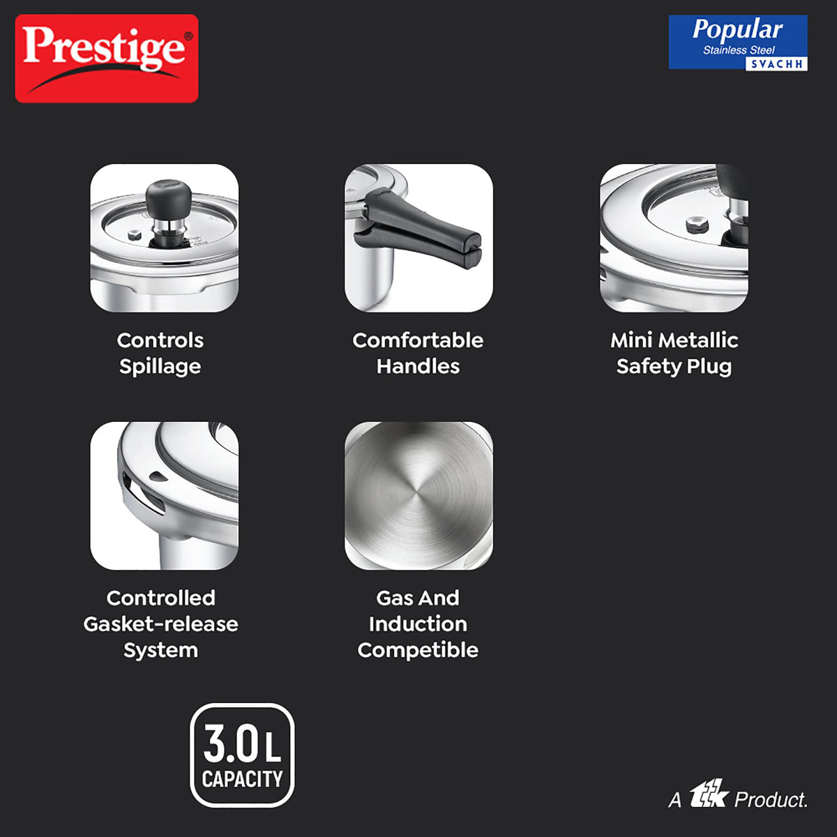 Prestige 3L Popular Stainless Steel Pressure Cooker SVACHH -PCP30-SS-SV